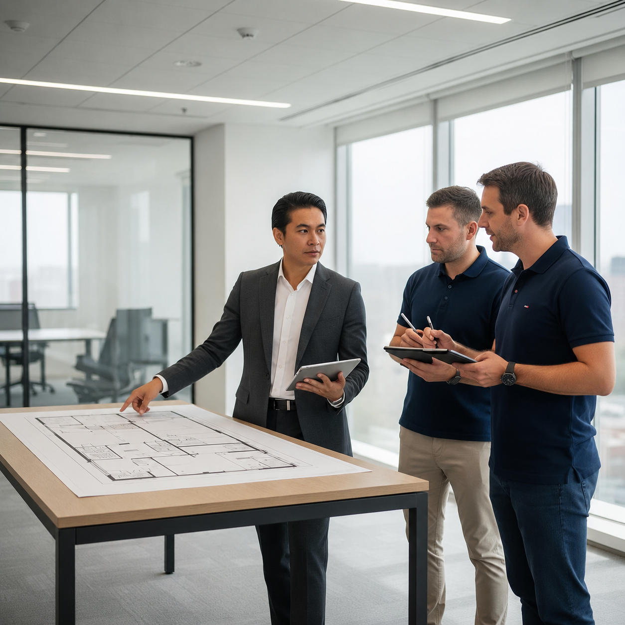 Project manager and client reviewing a phased commercial move plan